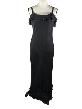 Lauren Ralph Lauren vintage Black Silk chiffon Maxi slip Dress layered Ruffle De